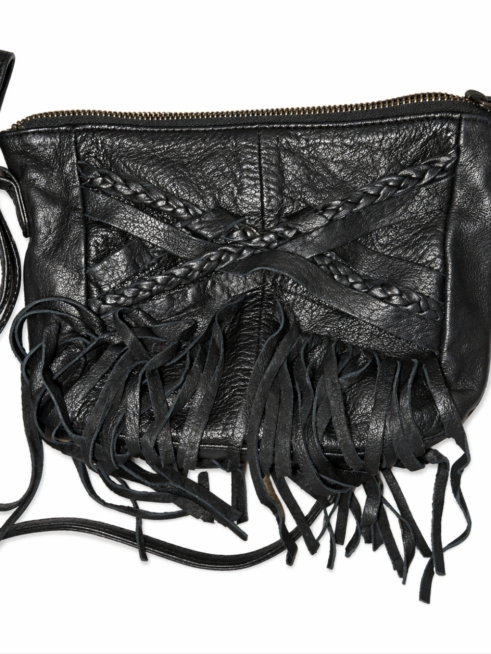 Black Braided Fringe Leather Crossbody Bag